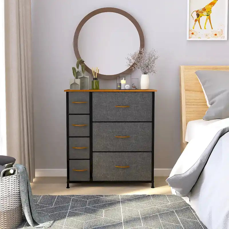Tour de rangement à 7 tiroirs en tissu avec plateau en bois