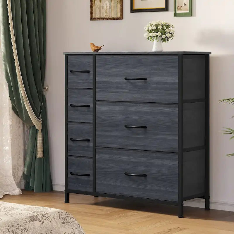 Tour de rangement à 7 tiroirs en tissu avec plateau en bois