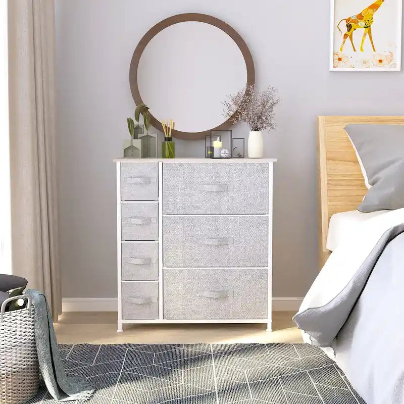 Tour de rangement à 7 tiroirs en tissu avec plateau en bois
