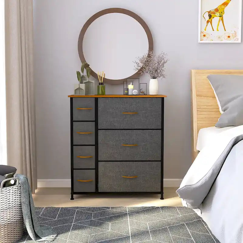 Tour de rangement à 7 tiroirs en tissu avec plateau en bois