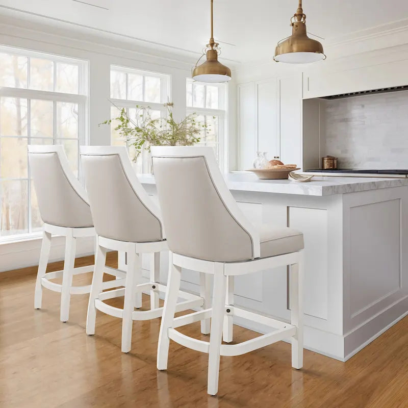 Tabouret de bar pivotant à haut dossier, blanc avec assise grise