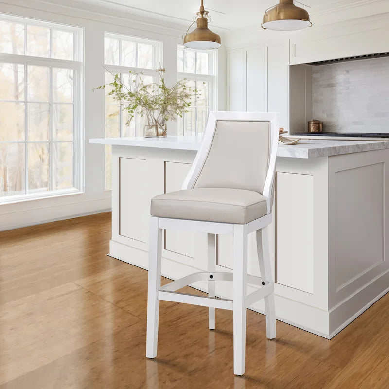 Tabouret de bar pivotant à haut dossier, blanc avec assise grise