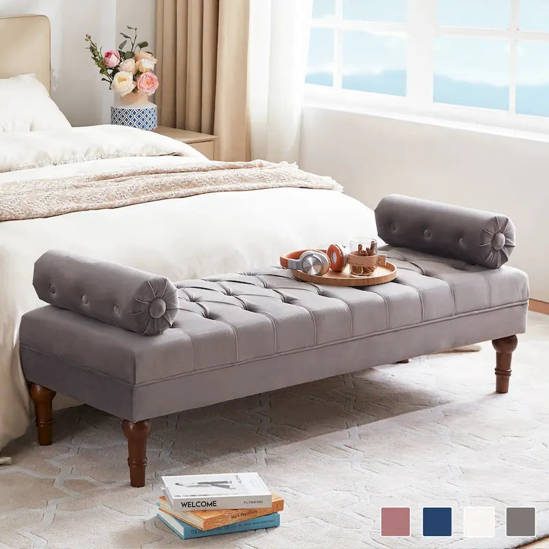 Banc capitonné en velours, 153 cm — Gris / Beige / Bleu / Rose
