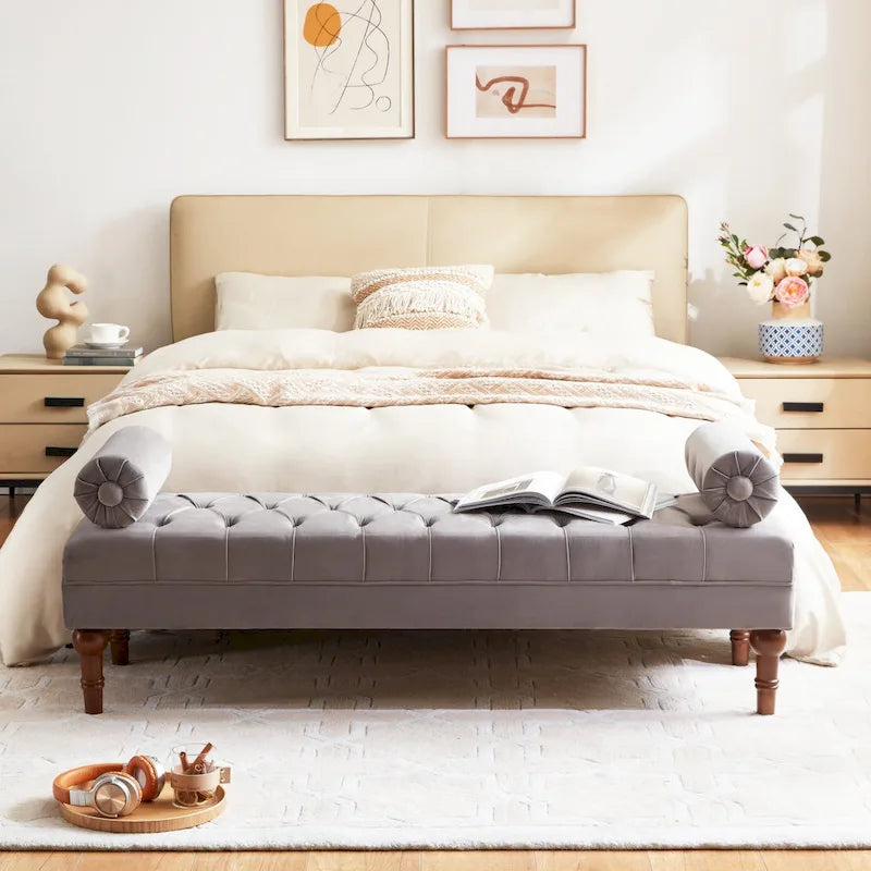 Banc capitonné en velours, 153 cm — Gris / Beige / Bleu / Rose