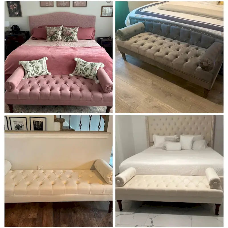 Banc capitonné en velours, 153 cm — Gris / Beige / Bleu / Rose