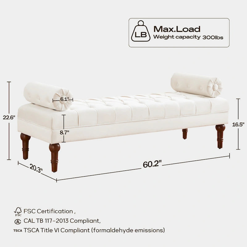 Banc capitonné en velours, 153 cm — Gris / Beige / Bleu / Rose