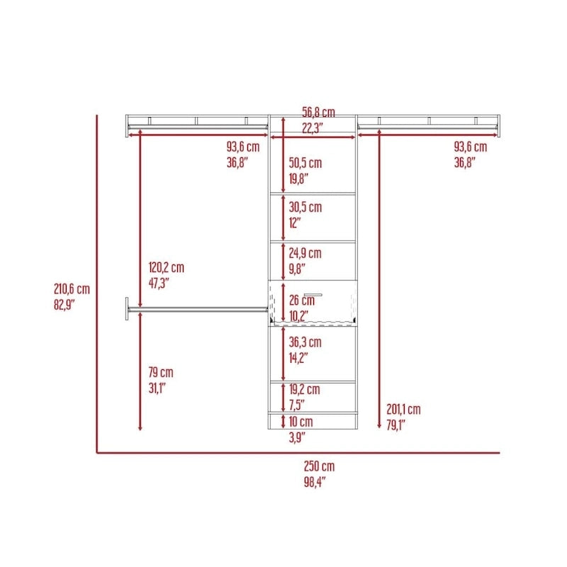 Système de placard d'angle avec 5 étagères ouvertes, 1 tiroir et 3 tringles en métal