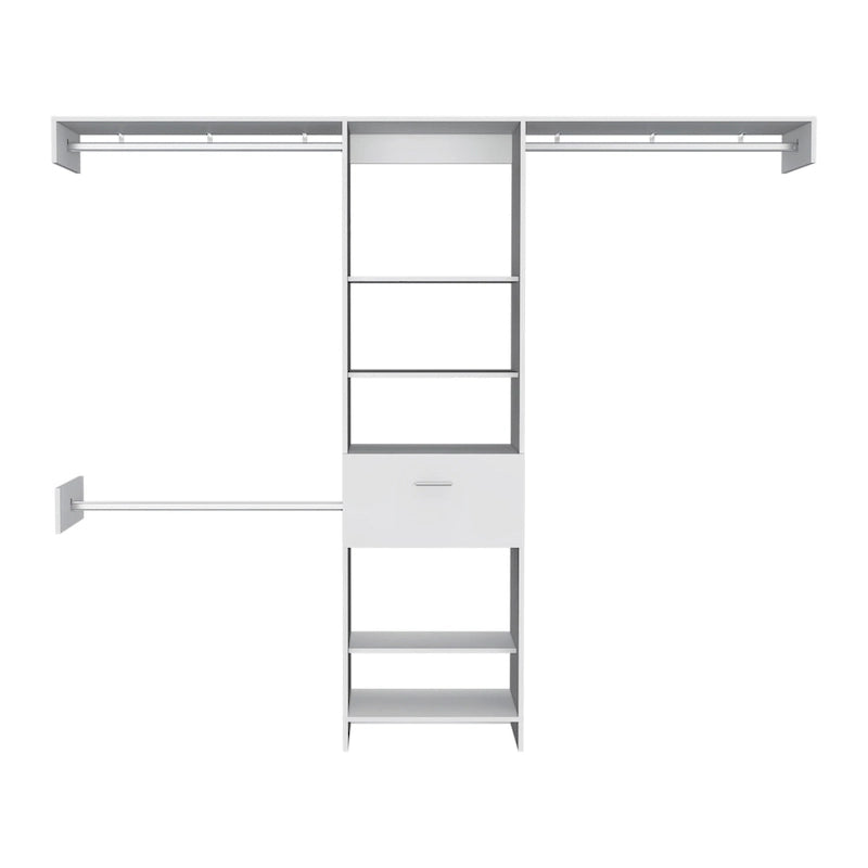 Système de placard d'angle avec 5 étagères ouvertes, 1 tiroir et 3 tringles en métal
