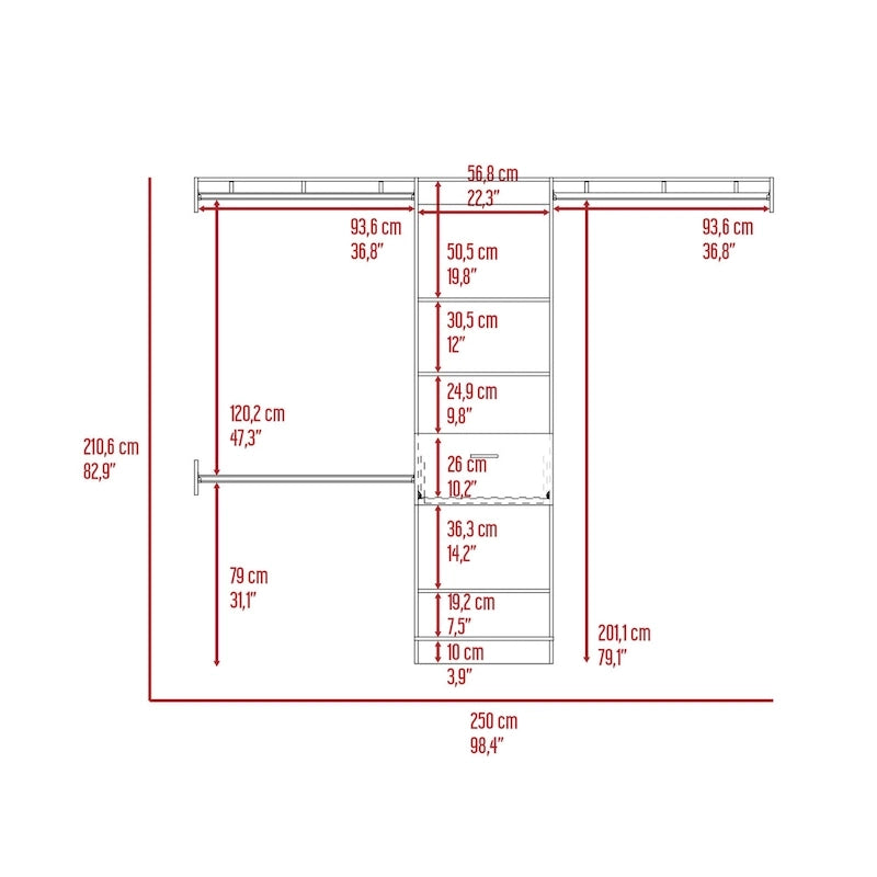 Système de placard d'angle avec 5 étagères ouvertes, 1 tiroir et 3 tringles en métal