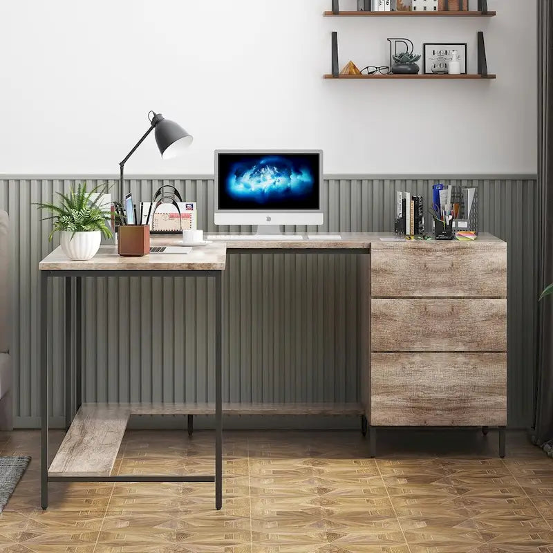 Bureau d'angle en L avec tiroirs, Grand bureau d'angle, Bureau de direction moderne, Table d'écriture de travail