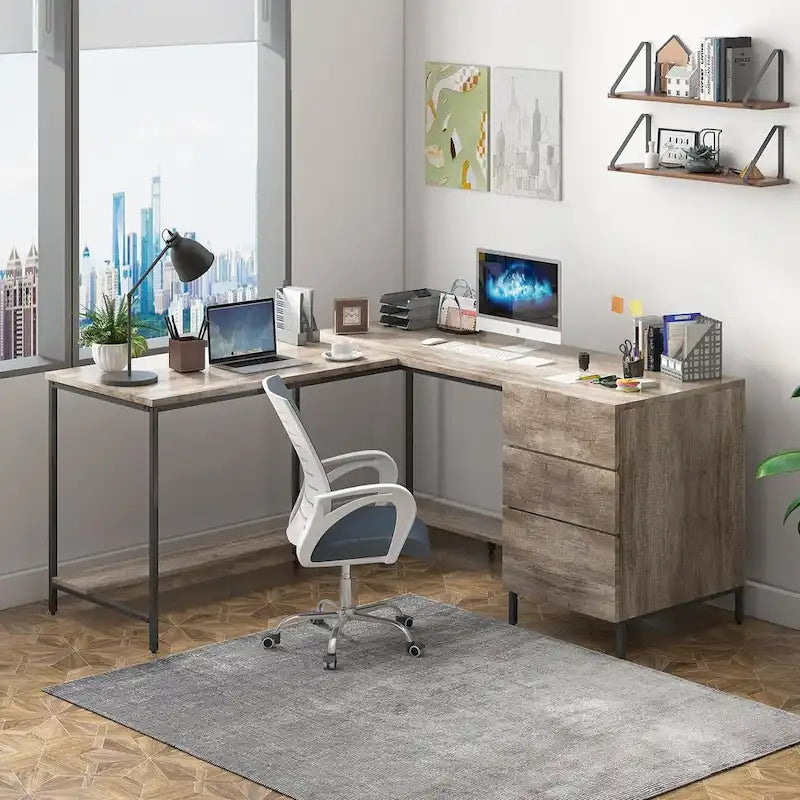Bureau d'angle en L avec tiroirs, Grand bureau d'angle, Bureau de direction moderne, Table d'écriture de travail