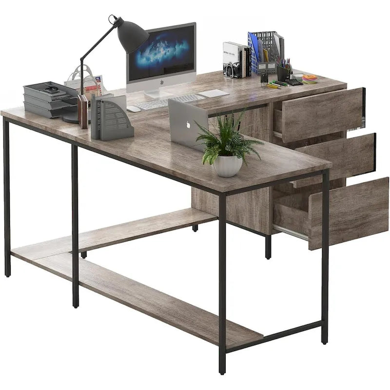 Bureau d'angle en L avec tiroirs, Grand bureau d'angle, Bureau de direction moderne, Table d'écriture de travail