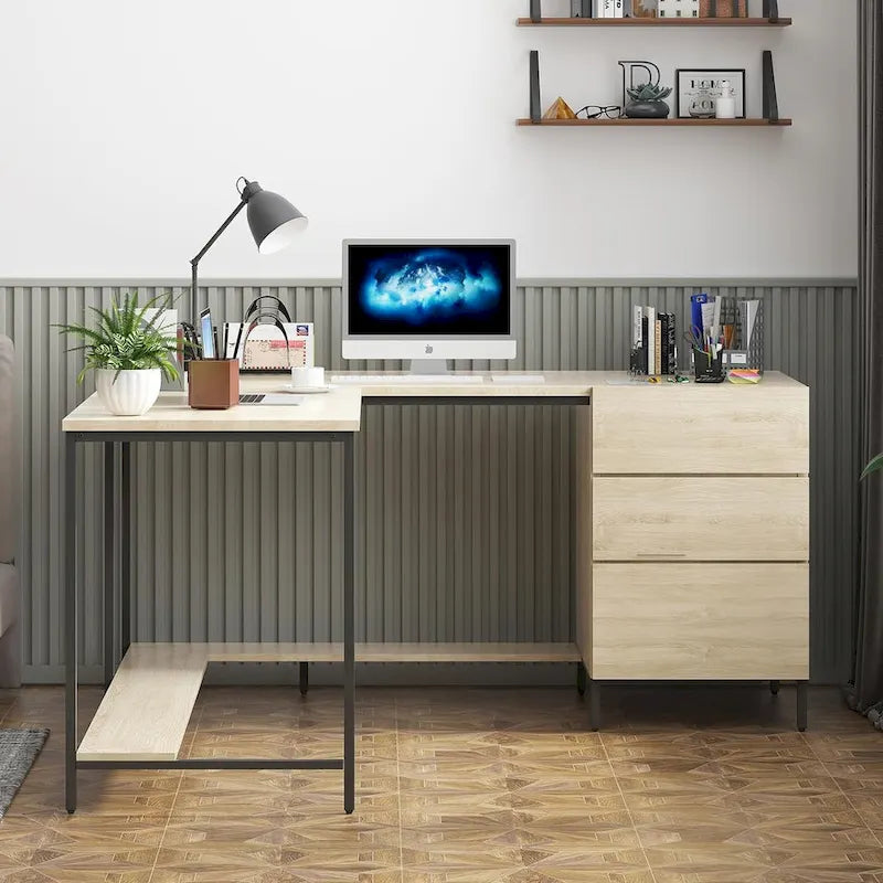 Bureau d'angle en L avec tiroirs, Grand bureau d'angle, Bureau de direction moderne, Table d'écriture de travail