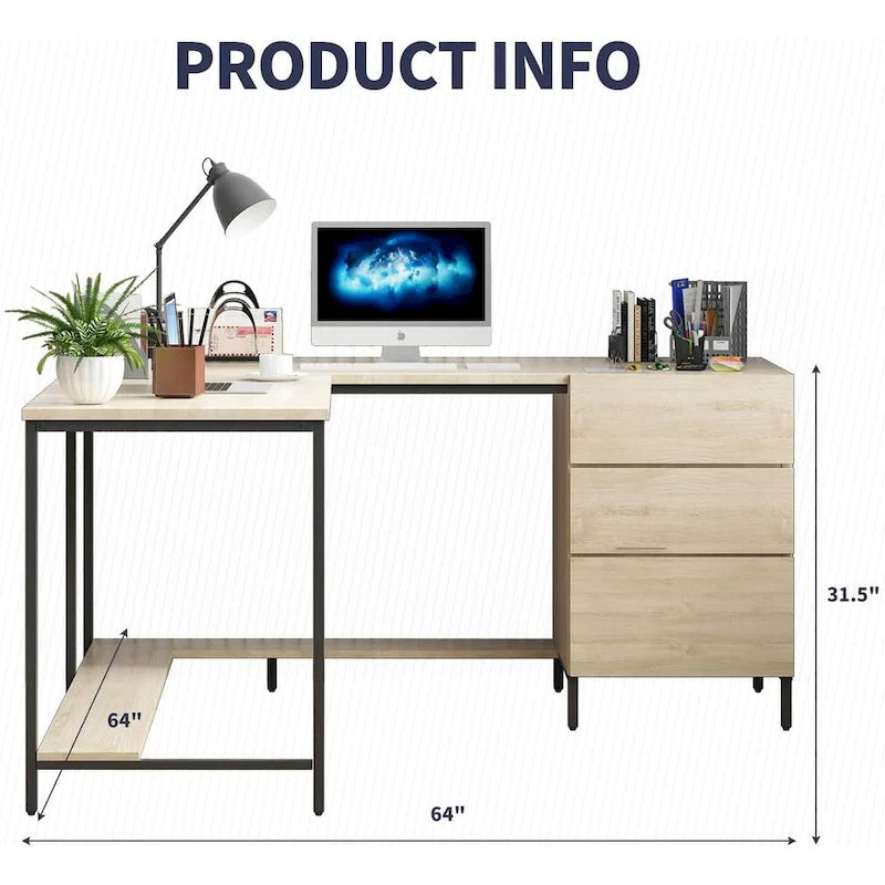 Bureau d'angle en L avec tiroirs, Grand bureau d'angle, Bureau de direction moderne, Table d'écriture de travail