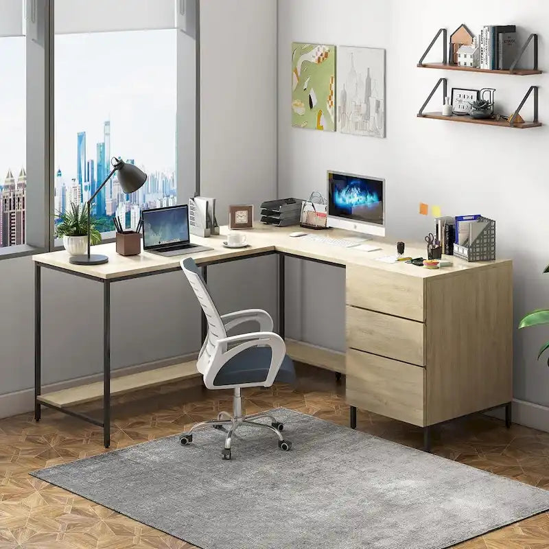 Bureau d'angle en L avec tiroirs, Grand bureau d'angle, Bureau de direction moderne, Table d'écriture de travail