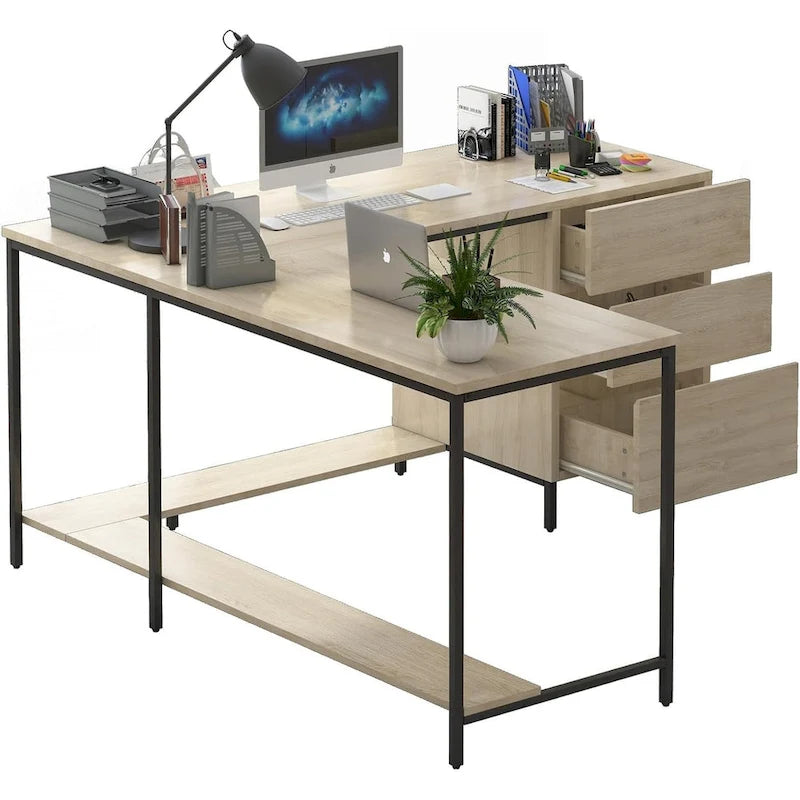 Bureau d'angle en L avec tiroirs, Grand bureau d'angle, Bureau de direction moderne, Table d'écriture de travail