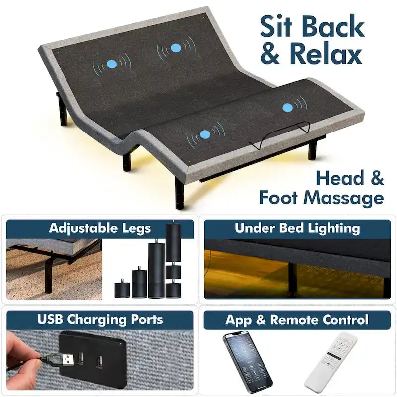 Cadre de lit réglable Zéro Gravité avec matelas en mousse à mémoire de forme et gel rafraîchissant de 35,5 cm, double massage, USB, lumière sous le lit, télécommande et contrôle par application
