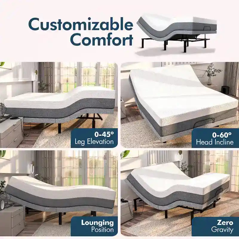 Cadre de lit réglable Zéro Gravité avec matelas en mousse à mémoire de forme et gel rafraîchissant de 35,5 cm, double massage, USB, lumière sous le lit, télécommande et contrôle par application