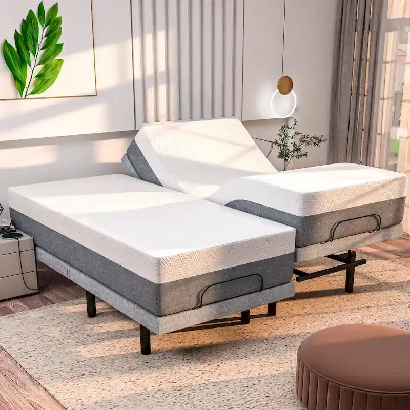 Cadre de lit réglable Zéro Gravité avec matelas en mousse à mémoire de forme et gel rafraîchissant de 35,5 cm, double massage, USB, lumière sous le lit, télécommande et contrôle par application
