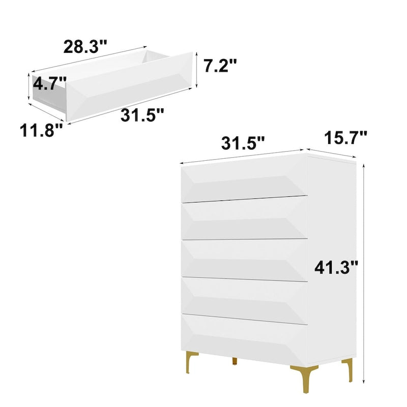 Highboy à tiroirs asymétriques - Commode de rangement blanche avec pieds dorés