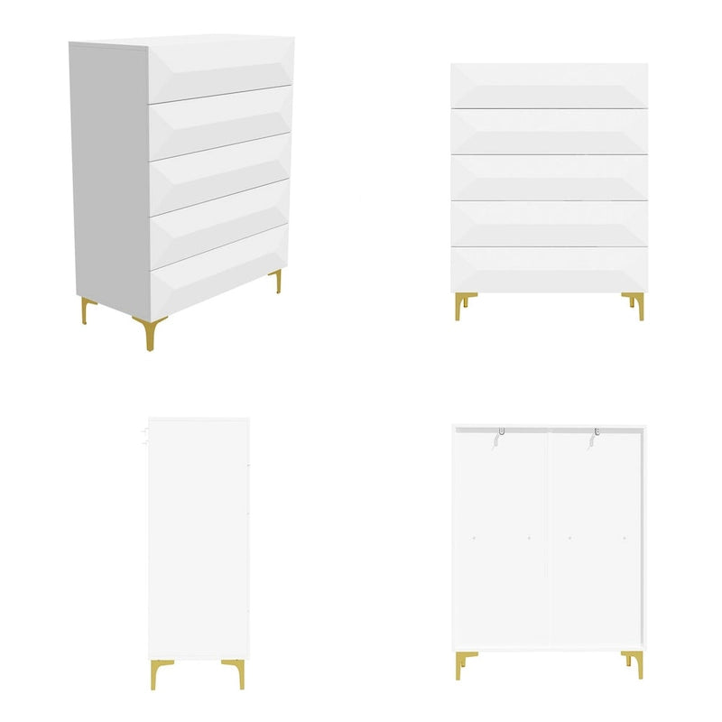 Highboy à tiroirs asymétriques - Commode de rangement blanche avec pieds dorés