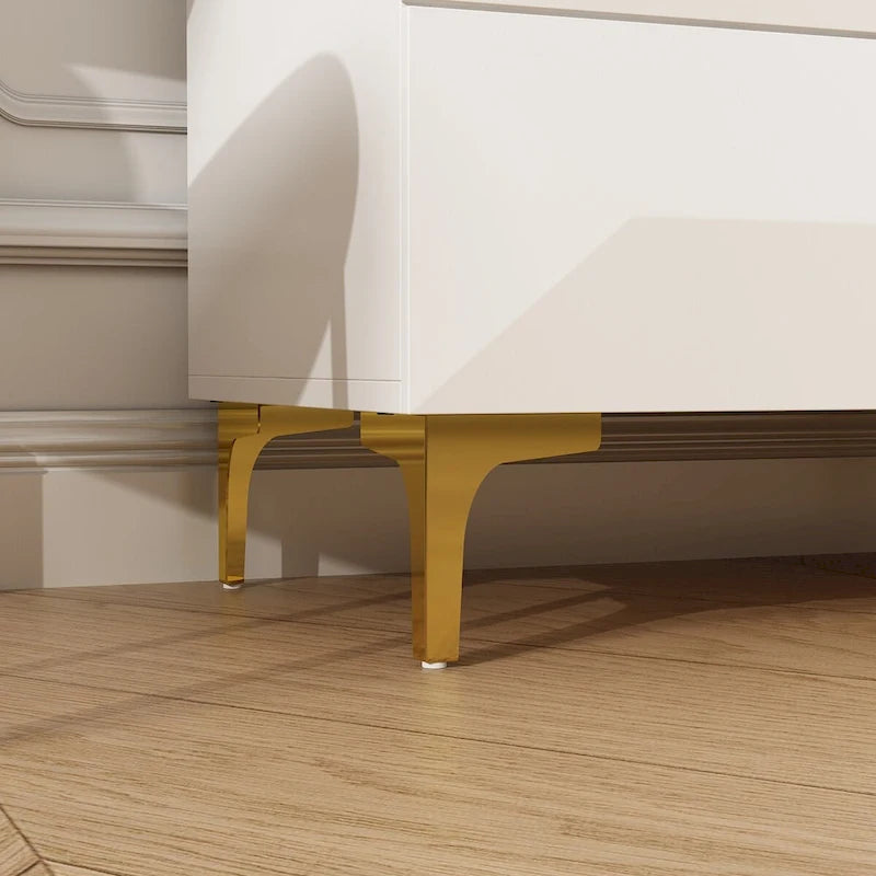 Highboy à tiroirs asymétriques - Commode de rangement blanche avec pieds dorés