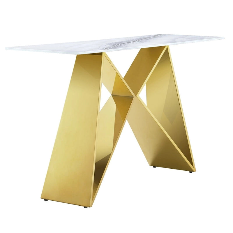 Console en verre trempé blanc avec piètement en métal en forme de M