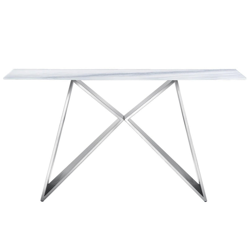 Console en verre trempé blanc avec piètement en métal en forme de M