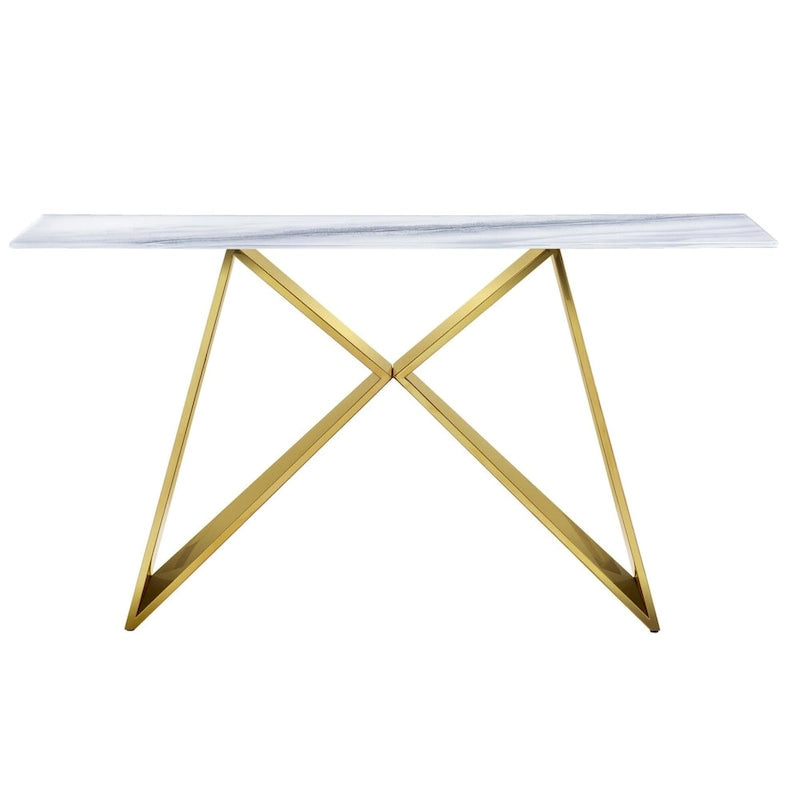 Console en verre trempé blanc avec piètement en métal en forme de M