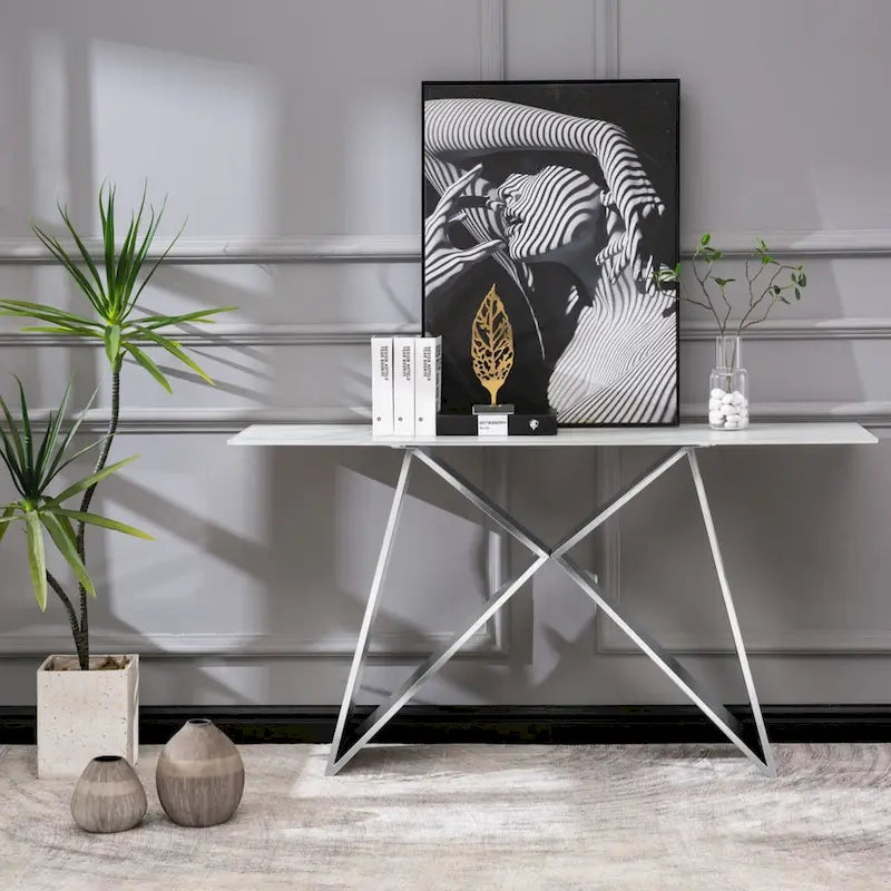 Console en verre trempé blanc avec piètement en métal en forme de M