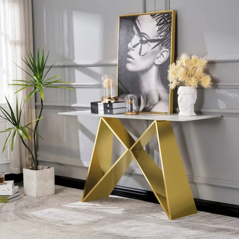 Console en verre trempé blanc avec piètement en métal en forme de M
