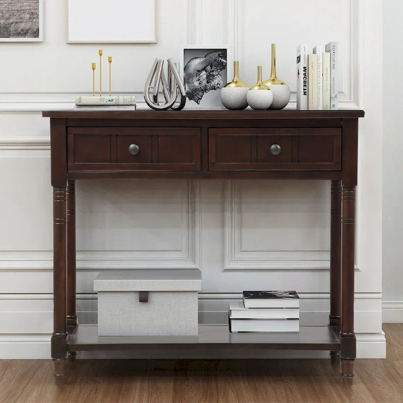 Console de style traditionnel avec deux tiroirs et une étagère inférieure