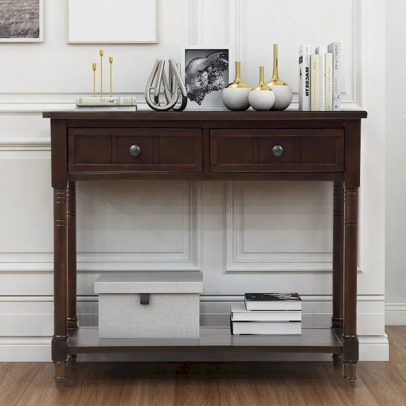 Console de style traditionnel avec deux tiroirs et une étagère inférieure