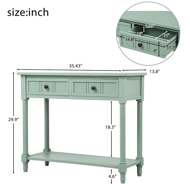 Console de style traditionnel avec deux tiroirs et une étagère inférieure