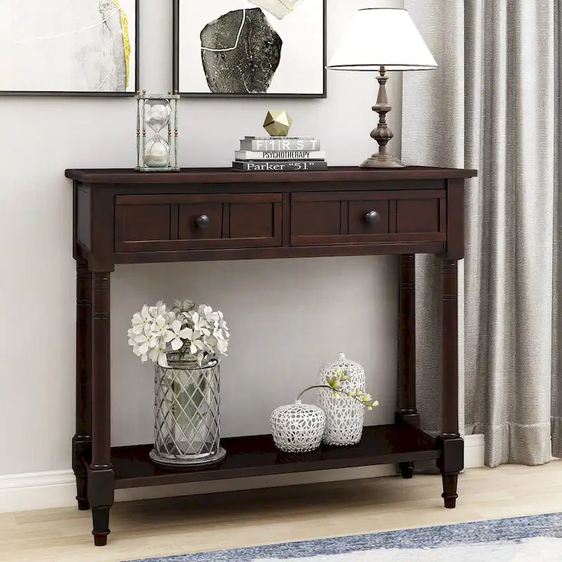 Console de style traditionnel avec deux tiroirs et une étagère inférieure