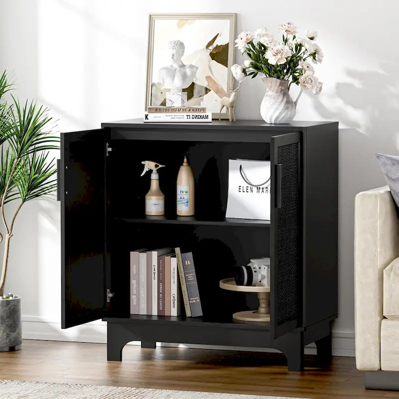 Buffet bahut moderne noir 2 portes avec portes en rotin et étagère réglable - 80 L x 40 P x 89 H cm