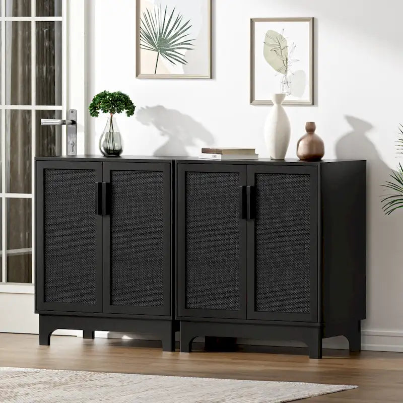 Buffet bahut moderne noir 2 portes avec portes en rotin et étagère réglable - 80 L x 40 P x 89 H cm