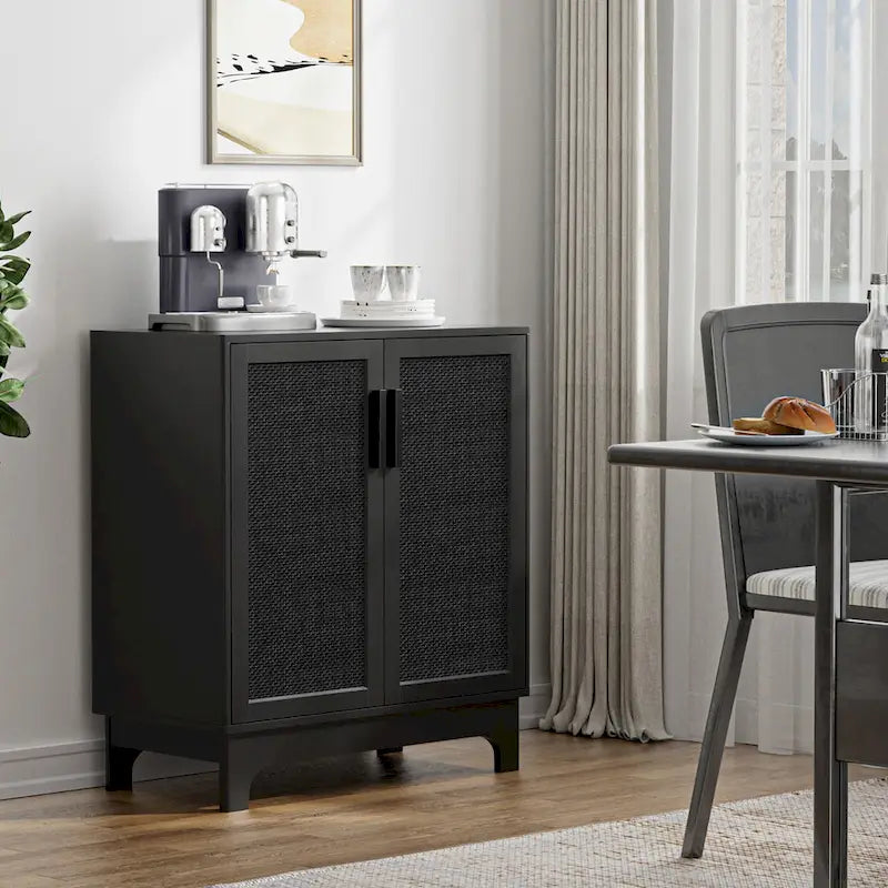 Buffet bahut moderne noir 2 portes avec portes en rotin et étagère réglable - 80 L x 40 P x 89 H cm