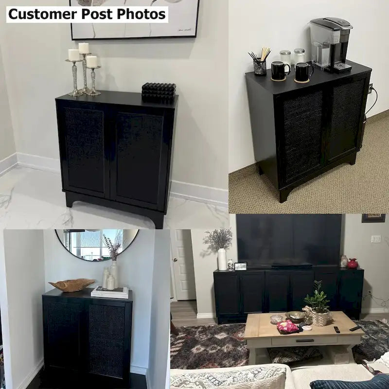 Buffet bahut moderne noir 2 portes avec portes en rotin et étagère réglable - 80 L x 40 P x 89 H cm