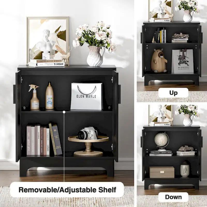 Buffet bahut moderne noir 2 portes avec portes en rotin et étagère réglable - 80 L x 40 P x 89 H cm