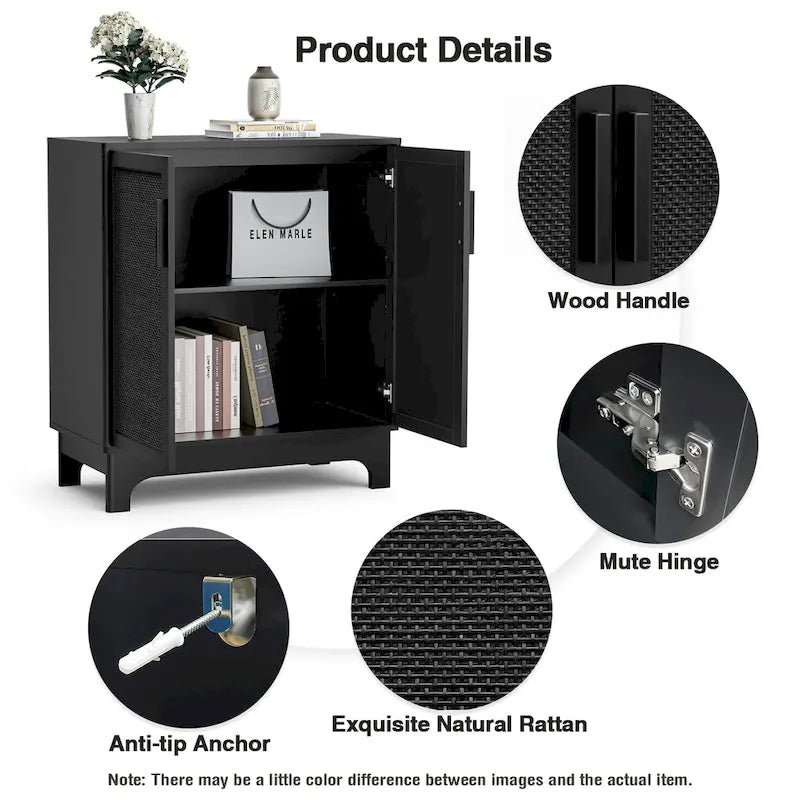 Buffet bahut moderne noir 2 portes avec portes en rotin et étagère réglable - 80 L x 40 P x 89 H cm