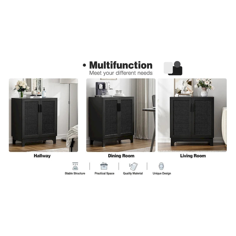 Buffet bahut moderne noir 2 portes avec portes en rotin et étagère réglable - 80 L x 40 P x 89 H cm