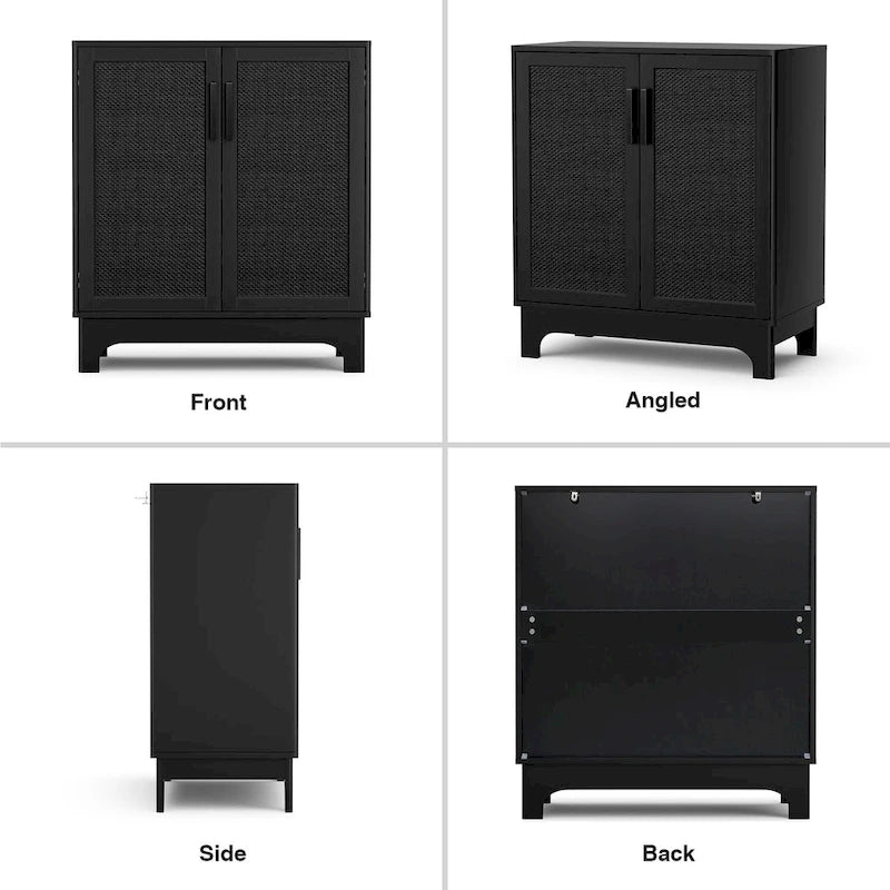 Buffet bahut moderne noir 2 portes avec portes en rotin et étagère réglable - 80 L x 40 P x 89 H cm