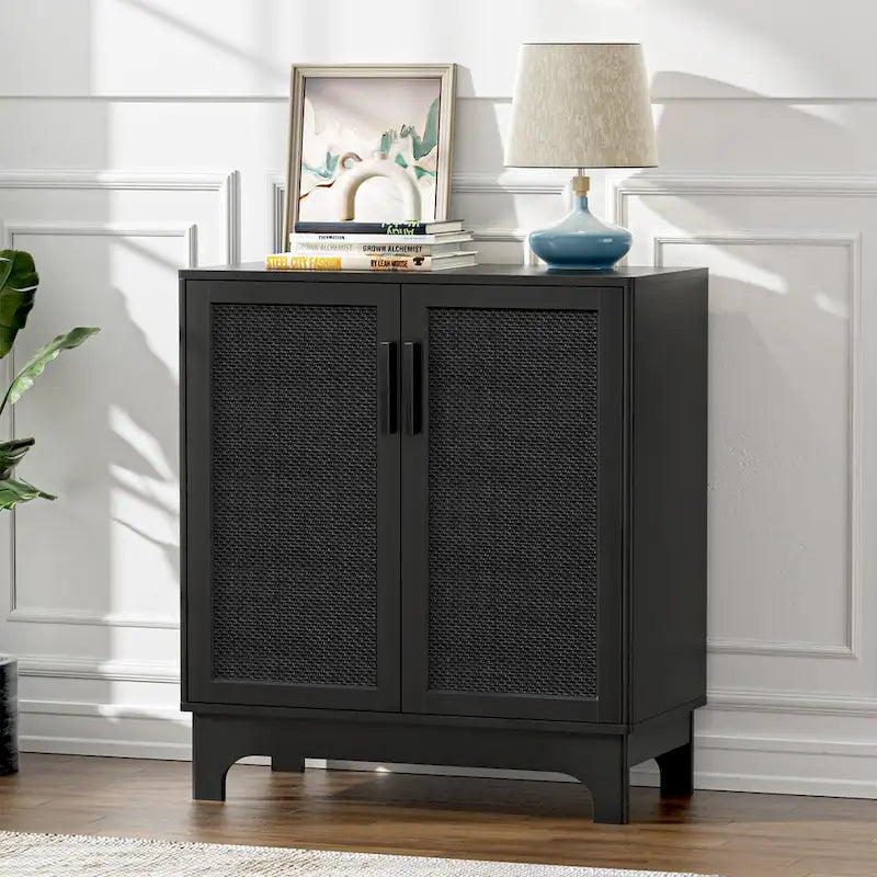 Buffet bahut moderne noir 2 portes avec portes en rotin et étagère réglable - 80 L x 40 P x 89 H cm