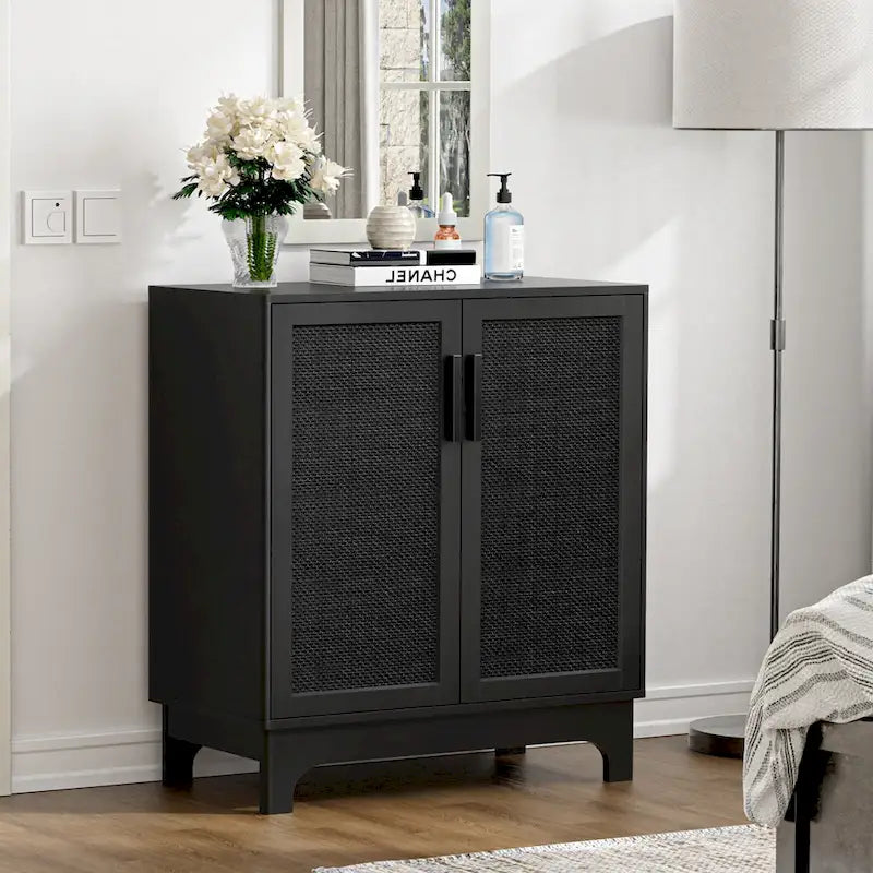 Buffet bahut moderne noir 2 portes avec portes en rotin et étagère réglable - 80 L x 40 P x 89 H cm