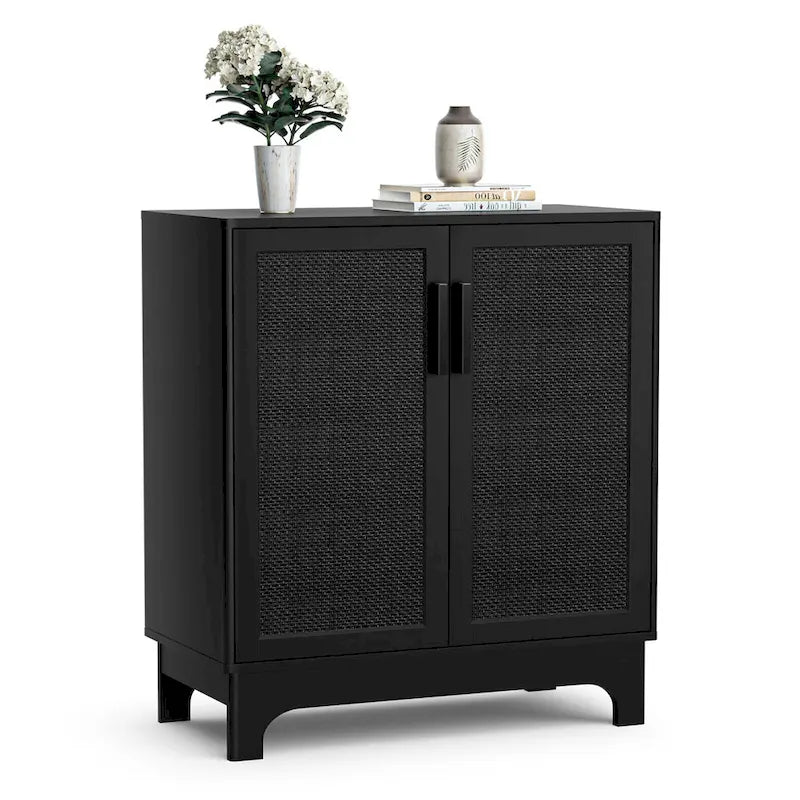 Buffet bahut moderne noir 2 portes avec portes en rotin et étagère réglable - 80 L x 40 P x 89 H cm